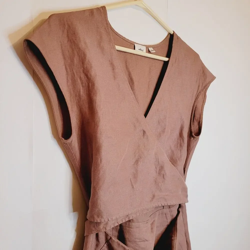 Aritzia Wilfred linen wrap tie brown wide leg jumpsuit Size 2 Boho Minimal